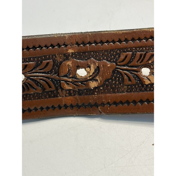 Vintage Brown Floral Embossed Leather Belt w Phoenix Bird Belt Buckle Marked 38 - Picture 8 of 14